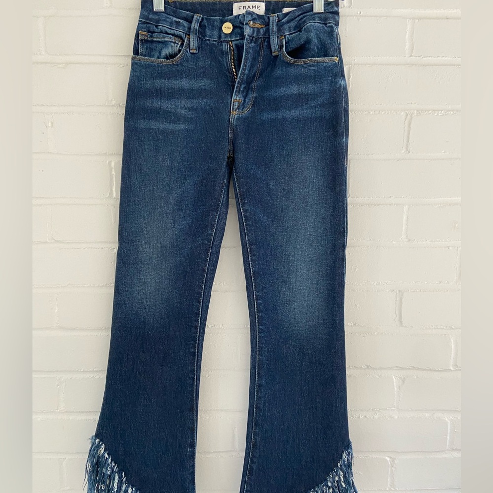 Frame Denim Cropped Mini Boot Flare Jeans with Fringe Hem Size 23